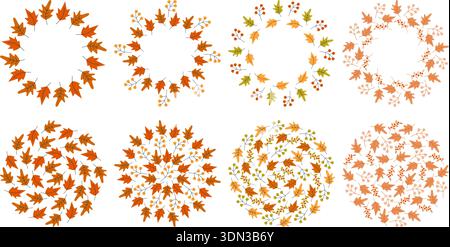 Cadres ronds et fonds de feuilles d'automne Thanksgiving ou cartes d'automne Copier l'espace modèle Big Set. Illustration vectorielle automne médias thématiques post design salutations, prix, étiquettes Copier l'espace modèle Illustration de Vecteur
