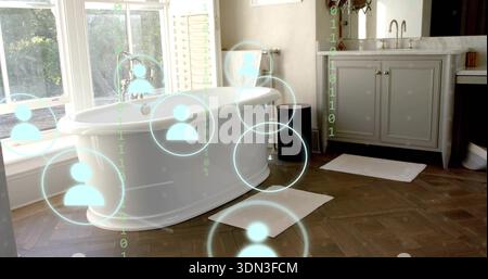 Baignoire ovale blanche centrée dans la salle de bains de la maison, avec recouvrement HUD et volets Banque D'Images