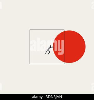 Cette illustration vectorielle minimale montre un homme d'affaires poussant un cercle rouge hors d'un carré. C'est un symbole conceptuel pour le brainstorming créatif et le A. Illustration de Vecteur