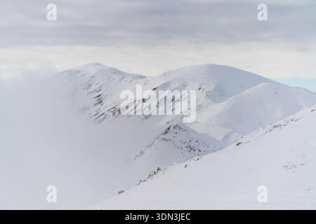 Large panorama hivernal de crêtes couvertes de neige roulante et de cols de montagne vus de Kasprowy Wierch, lumière subtile, pentes lisses et nuages atmosphériques Banque D'Images