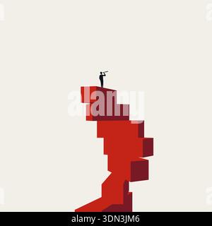 Cette illustration minimale montre un homme au sommet d'escaliers rouges, symbole d'une vision d'entreprise. Le concept de vecteur utilise des étapes pour représenter une recherche de carrière Illustration de Vecteur