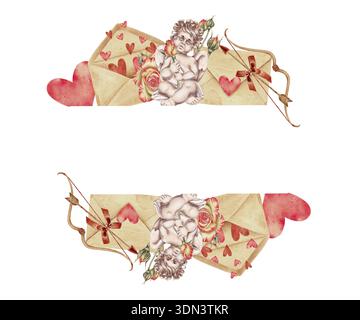 Illustration aquarelle cadre romantique avec Cupidon, roses, lettres d'amour, coeurs, arc et flèche. Pour la Saint-Valentin papeterie de mariage cartes de voeux dans Banque D'Images