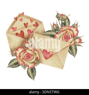 Illustration aquarelle lettres d'amour vintage décorées de coeurs rouges et de roses. Art botanique romantique pour les mariages Saint Valentin anniversaires gre Banque D'Images