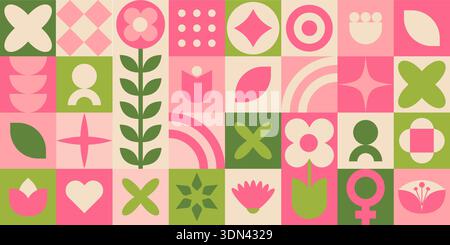 Bannière géométrique avec diverses formes et motifs colorés en rose et vert Illustration de Vecteur