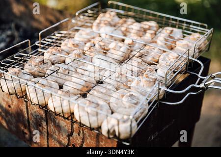 Champignons rôtissant dans le panier grill sur barbecue, cuisson en plein air au coucher du soleil Banque D'Images