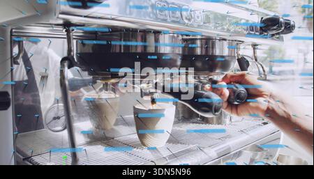 Verrouillage du barista main droite fixant le porte-filtre sur la machine au comptoir du café, tasse collectant l'espresso. Café, vapeur, chrome, métal, jauge, réflexions, Banque D'Images