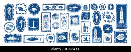 Ensemble de doodle de vie côtière dessiné à la main avec cadres vagues et bordures grunge abstraites. Ambiance de voyage méditerranéenne avec cuisine estivale italienne, vins, silhouettes de la côte amalfitaine et gribouillage en bord de mer Illustration de Vecteur