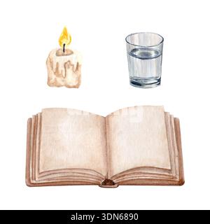 Livre ouvert, talon de bougie brûlante et verre d'aquarelle ensemble isolé sur blanc. Pack minimal d'illustrations peintes à la main adapté à l'enseignement Banque D'Images
