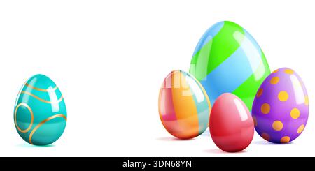 Oeufs de pâques colorés avec des ombres douces et des dessins uniques sur fond blanc, variant en taille et motif. Illustration de Vecteur