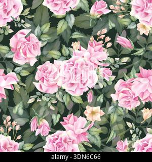 Motif rose sans couture, composition délicate d'aquarelle florale avec des fleurs fraîches. Couleur pastel botanique belle illustration printanière, freesia Banque D'Images