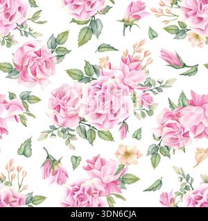 Motif rose sans couture, composition délicate d'aquarelle florale avec des fleurs fraîches. Couleur pastel botanique belle illustration printanière, freesia Banque D'Images