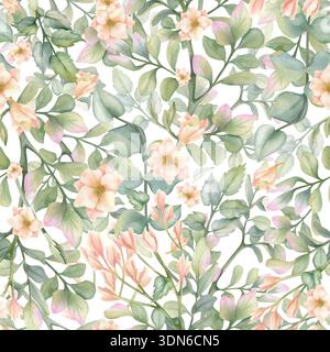 Modèle sans couture avec des feuilles vertes, freesia. Verdure de jardin détaillée peinte à l'aquarelle peinte à la main, fleurs beiges délicates. Pour l'éco-branding, naturel Banque D'Images