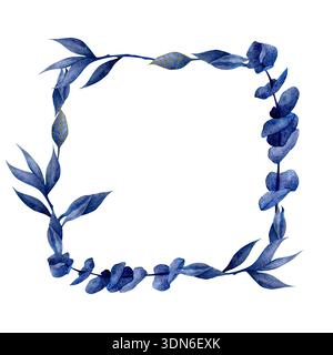 Un cadre carré fait de feuilles d'eucalyptus bleu aquarelle sur fond blanc. Parfait pour les invitations ou les motifs sur le thème de la nature. Banque D'Images