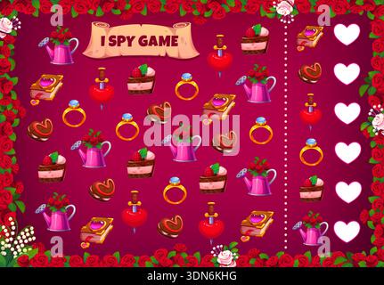 Valentine Day I Spy jeu feuille de travail avec des cadeaux romantiques de vacances d'amour de dessin animé, activité d'éducation d'enfant vecteur. Saint-Valentin I jeu d'espionnage puzzle quiz, trouver et compter les coeurs d'amour, fleurs, gâteaux et anneaux Illustration de Vecteur