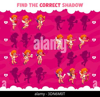 Trouvez la bonne ombre de Valentines Chérub Cupid Characters quiz feuille de travail. Puzzle vectoriel de chérubs de dessin animé de vacances d'amour de Saint-Valentin avec des coeurs, des flèches, une boîte cadeau et une lettre, jeu de match d'enfants Illustration de Vecteur
