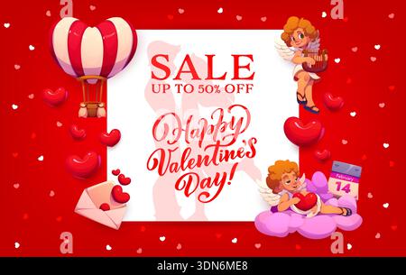 Bannière de vente de Saint-Valentin avec fond de vecteur de coeurs d'amour. Bonne carte de promotion d'offre de réduction de vacances de bonne Saint-Valentin avec personnages de dessin animé Cupidon, lettre d'amour, montgolfière, silhouette de couple Illustration de Vecteur