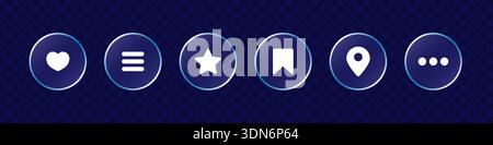 Glassmorphism UI. Interface utilisateur boutons en verre transparent avec effet de morphing liquide pour application mobile, web. Éléments arrondis avec superposition de flou mat. Icônes de texture de verre définies. Vecteur Illustration de Vecteur