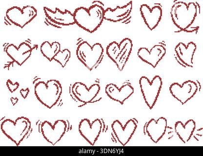 Grand ensemble de coeurs pixellisés rouges. Symbole d'amour, de passion et de sympathie. Coeurs de différentes formes et tailles, collection clip art. Graphiques vectoriels Illustration de Vecteur