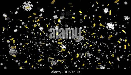 Flocons de neige blancs à la dérive et confettis dorés créant une profondeur de couche sur fond noir Banque D'Images