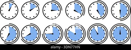 Un ensemble d'icônes minimalistes d'horloge de progression du temps montrant différents segments de temps avec des contours nets et des zones bleues remplies. Idéal pour la planification, le timing, les délais et les interfaces de productivité. Icônes de segment d'horloge. Graphiques de suivi du temps. Symboles du minuteur de l'horloge. Illustrations de gestion du temps. Illustration de Vecteur
