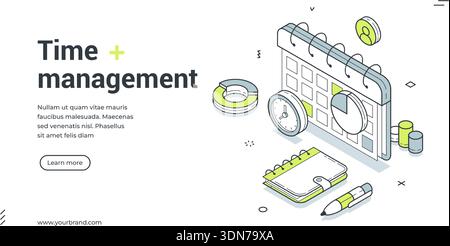 Bannière Web pour la gestion du temps et la planification des affaires. Modèle d'illustration vectorielle isométrique pour une page de destination. Comprend un calendrier, une horloge, un ordinateur portable, un Illustration de Vecteur