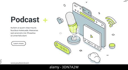 Bannière Web de podcast. Modèle isométrique pour une page de destination sur le streaming audio et la diffusion. Illustration vectorielle avec microphone, navigateur, lecteur fo Illustration de Vecteur