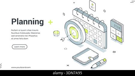 Bannière Web de planification. Modèle isométrique pour une landing page sur la stratégie commerciale. Illustration vectorielle avec calendrier, cible et calculatrice. Pour conc Illustration de Vecteur