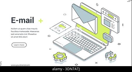 Bannière Web du service de messagerie électronique. Gabarit isométrique pour une page d'atterrissage sur la communication numérique. Illustration vectorielle avec un ordinateur portable et enveloppe pour m en ligne Illustration de Vecteur
