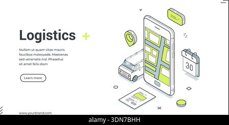 Bannière Web logistique. Illustration vectorielle isométrique d'un smartphone avec une carte pour le suivi en ligne. Modèle moderne pour une page de destination sur la livraison Illustration de Vecteur