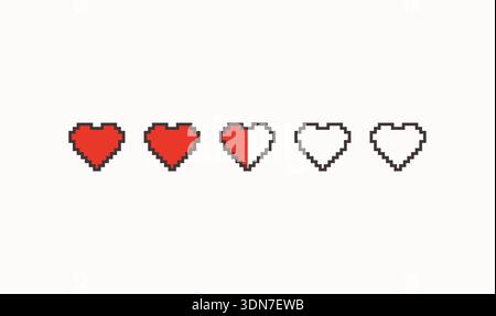 Coeurs de style Vector 8 bits isolés sur fond blanc. Formes de cœur de pixels pleines et délimitées. Éléments de conception de jeux vectoriels. Illustration de Vecteur