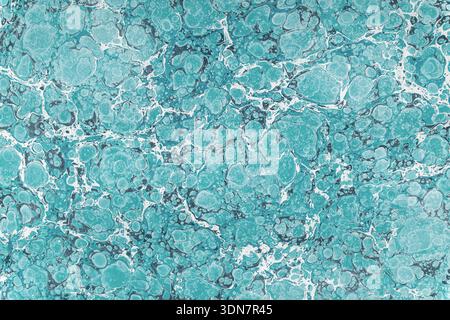 Papier de marbre montrant un motif de bulles complexe avec des couleurs bleu clair, blanc et bleu foncé Banque D'Images