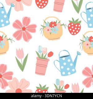 Modèle sans couture avec des fleurs, des arrosoirs, des paniers avec des fraises et des tulipes en pot. Thème de jardinage printanier mignon. Illustration de Vecteur