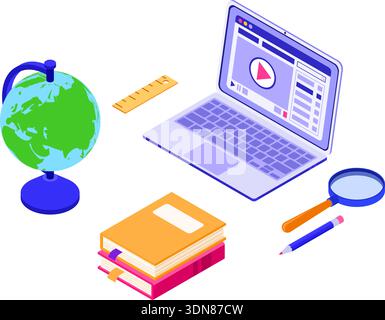 Éducation en ligne ou examen à distance avec caractère isométrique cours Internet e-learning à la maison en ligne étudier sur ordinateur portable avec livre isométrique Educatio Illustration de Vecteur