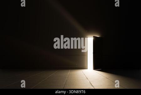 Flux de lumière à travers une porte ouverte dans une pièce sombre la nuit Banque D'Images