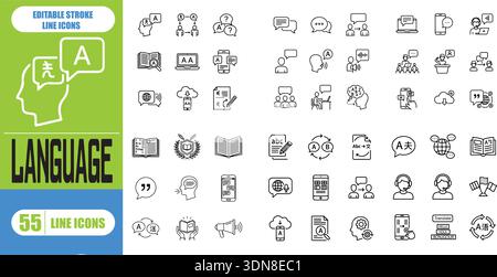 Jeu d'icônes de ligne de langue pour traduction, communication, multilingue, apprentissage, dictionnaire, parole, texte, illustration vectorielle de contour modifiable Illustration de Vecteur