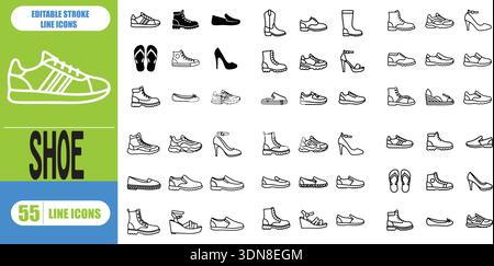 Ensemble d'icône de ligne de chaussure pour baskets, bottes, sandales, talons, chaussures décontractées, chaussures de sport, Chaussures de mode, illustration vectorielle de course modifiable Illustration de Vecteur