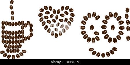 Les grains de café font le cœur de tasse de café et les lettres vont comme mignon smiley face Flat Design élément icône ensemble. Illustration vectorielle isolée autocollant logo café thème ou cartes de motivation, étiquettes, dépliants, étiquette Illustration de Vecteur