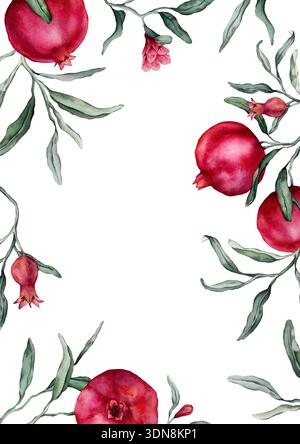 Les grenades et les fleurs roses sont un cadre rectangulaire. Une illustration à l'aquarelle manuelle dessinée de la frontière avec des branches de fruits tropicaux sur un blanc Banque D'Images
