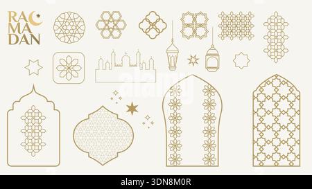 Une collection d'éléments pour la décoration et le design festif pour Ramadan Kareem Eid Moubarak avec icônes, fenêtres, motifs, mosquées, lune, lanternes, étoile Illustration de Vecteur