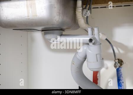 Vue rapprochée du système de plomberie sous un évier de cuisine résidentiel, avec des tuyaux d'évacuation en PVC gris, un tuyau ondulé flexible et un co d'alimentation en eau Banque D'Images