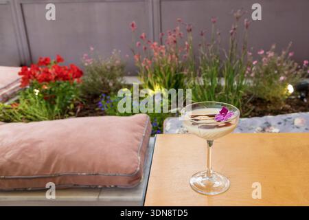 panna cotta à la vanille soyeuse et crémeuse servie dans un élégant gobelet en verre, magnifiquement recouvert d'un filet de chocolat riche et d'un délicat fl comestible violet Banque D'Images