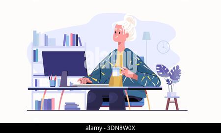 Femme senior travaillant à l'ordinateur à domicile concept de vieillissement actif livres de bureau intérieur moderne tasse à café plante horloge design plat Illustration de Vecteur