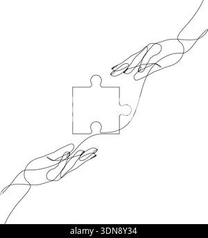 Dessin continu d'une ligne de mains tenant une pièce de puzzle Illustration de Vecteur
