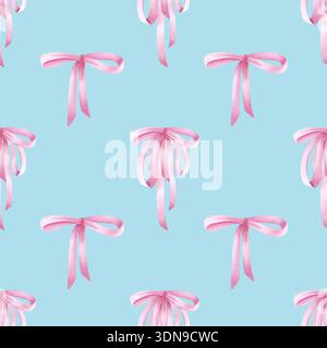 Motif sans couture de coquette avec des noeuds roses sur fond bleu pastel. Ruban de soie délicat répétition ornement. Illustration aquarelle pour l'emballage Banque D'Images
