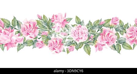 Fleur rose rose bordure sans couture. Illustration florale à l'aquarelle. Art botanique de répétition printanière peint à la main avec des feuilles isolées de Banque D'Images