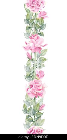 Bordure verticale sans couture de fleur rose. Cadre floral aquarelle. Art botanique de répétition printanière peint à la main avec des feuilles isolées de Banque D'Images