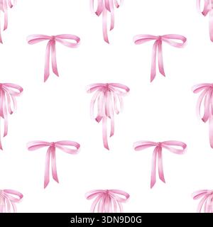 Motif sans couture dans le style Coquette avec des noeuds doubles en soie, des rubans roses. Décoration délicate répétée dans des couleurs pastel. Illustration aquarelle à la Banque D'Images