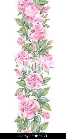 Fleur rose rose bordure verticale sans couture. Illustration florale à l'aquarelle. Art botanique de répétition printanière peint à la main avec des feuilles isolées de Banque D'Images