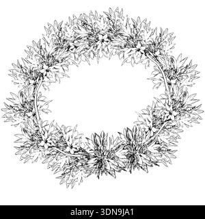 Illustration d'encre de couronne noire et blanche de vecteur floral de bleuet. Cadre de fleurs sauvages avec espace de copie pour publication de médias sociaux, conception de carte de voeux Illustration de Vecteur
