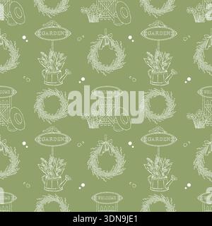 Modèle vectoriel sans couture avec attributs de jardinage. Fond de printemps avec des éléments de jardin, arrosoir, clôture, fleurs et couronnes sur un fond vert. Illustration vectorielle. Thème de Pâques. Illustration de Vecteur